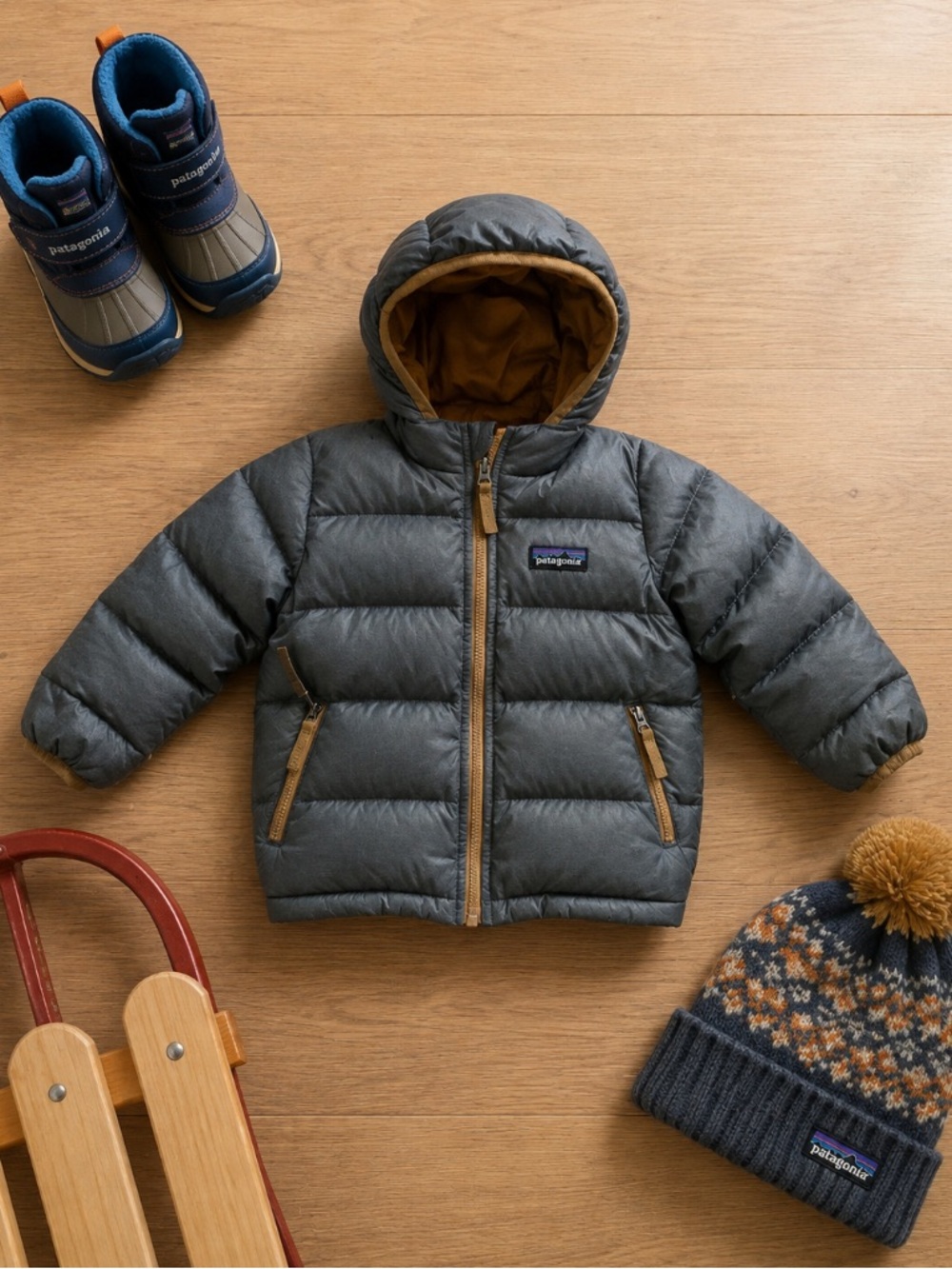 Patagonia Baby 12-18M Hi-Loft Down Sweater Hoody Jacket Gray Gold Winter Outdoor